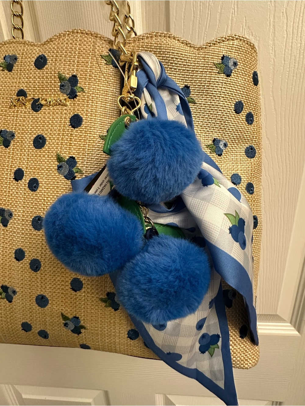Betsey Johnson Tan Tote with Blue Floral Dots Design & Blue Pom Charm & Scarf - Picture 5 of 16